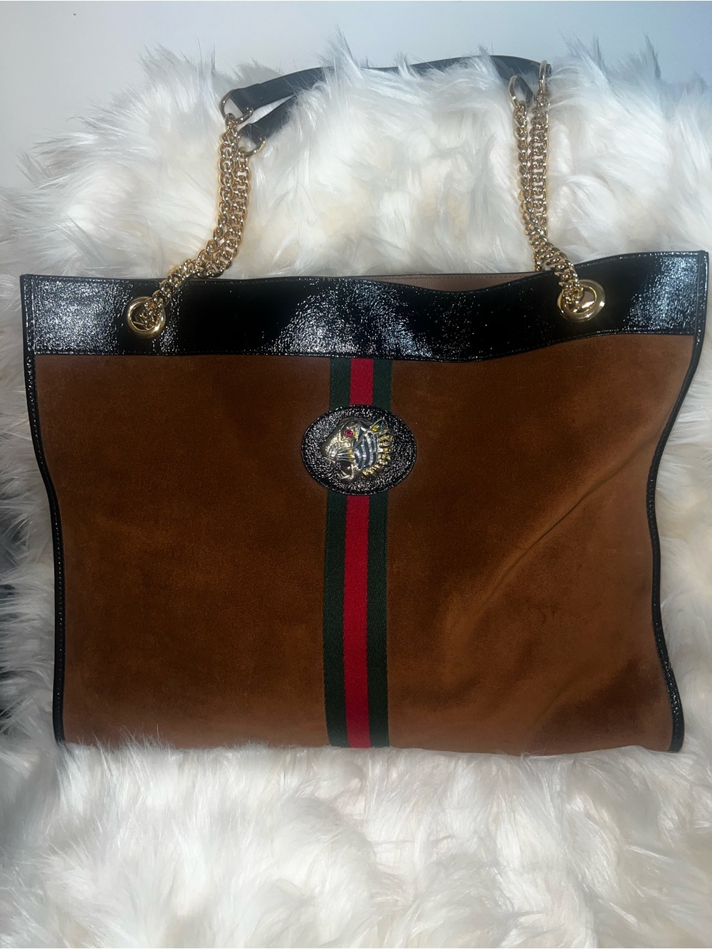 AUTHENTIC GUCCI RAJAH LARGE SUEDE TOTE w/ Gold Chain Handles